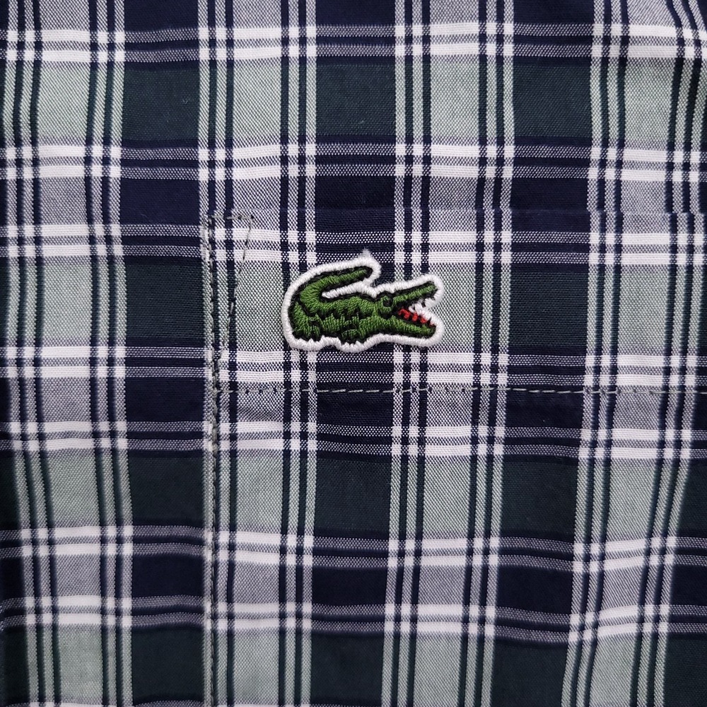 Lacoste Mens M 40 Slim Fit Green Blue Plaid Oxford Button Down Croc Logo - Picture 3 of 11